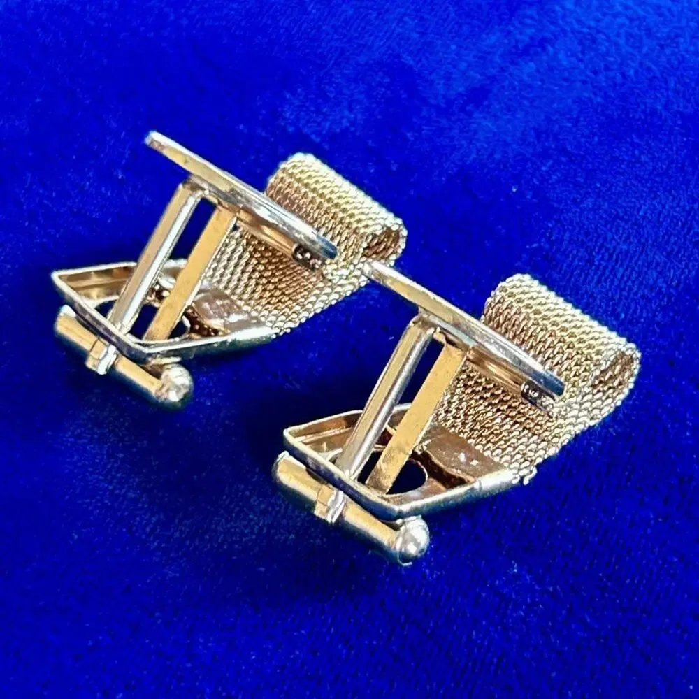 Vintage Blue and Red Bullseye Gold Tone Mesh Wrap Around Cufflinks